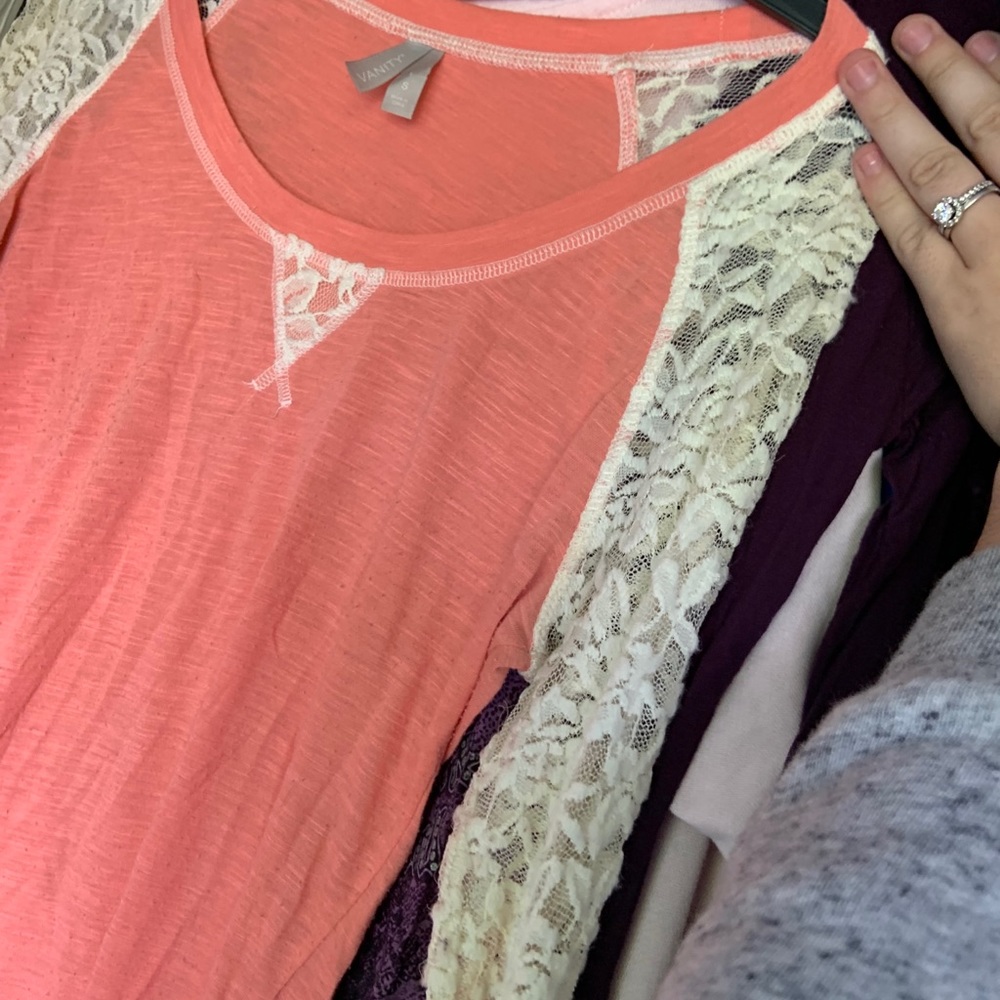 Peach color with lace sleeves